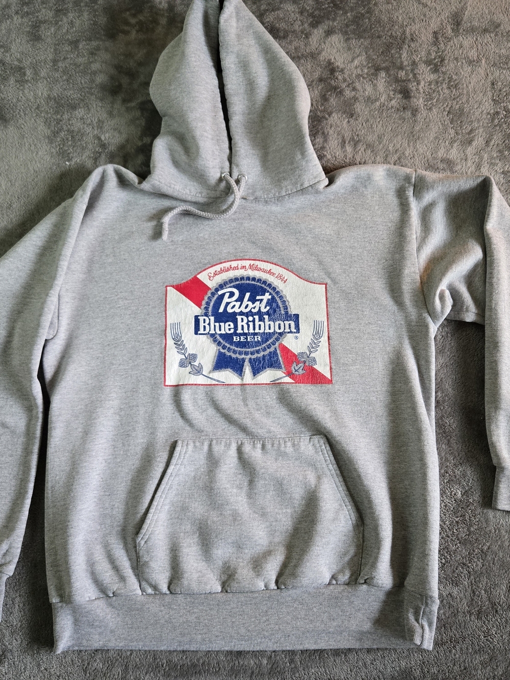 y2k champion x pabst blue ribbon grey hoodie distressed thrashed grunge vtg m